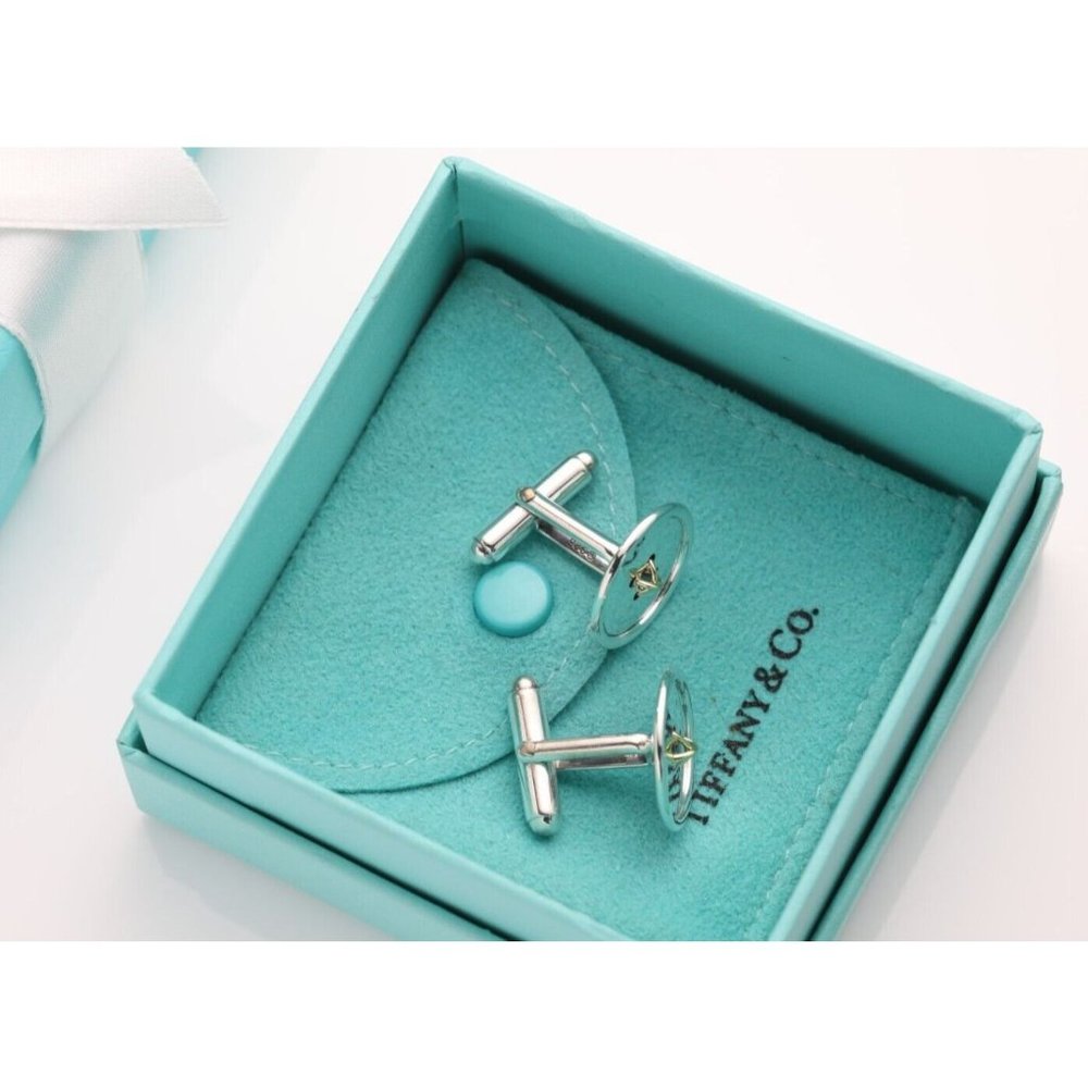 Authentic Tiffany & Co. Men's Cufflinks Button Motif in 925 Silver & 18k Gold - Picture 11 of 11